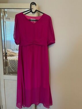 NWT Bright Pink Fit & Flare Midi Dress | Short Sleeve